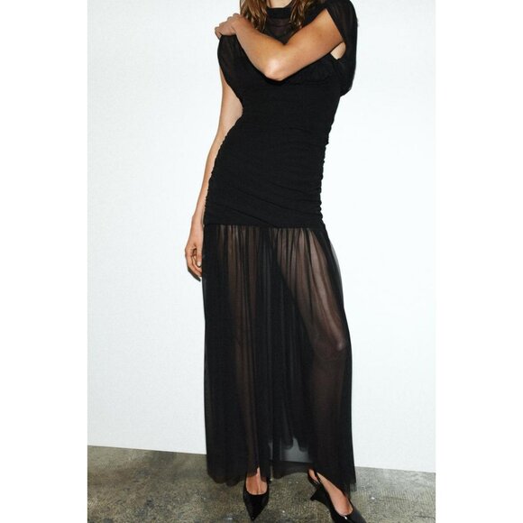ZARA CONTRAST DRAPED MIDI DRESS - Picture 1 of 10